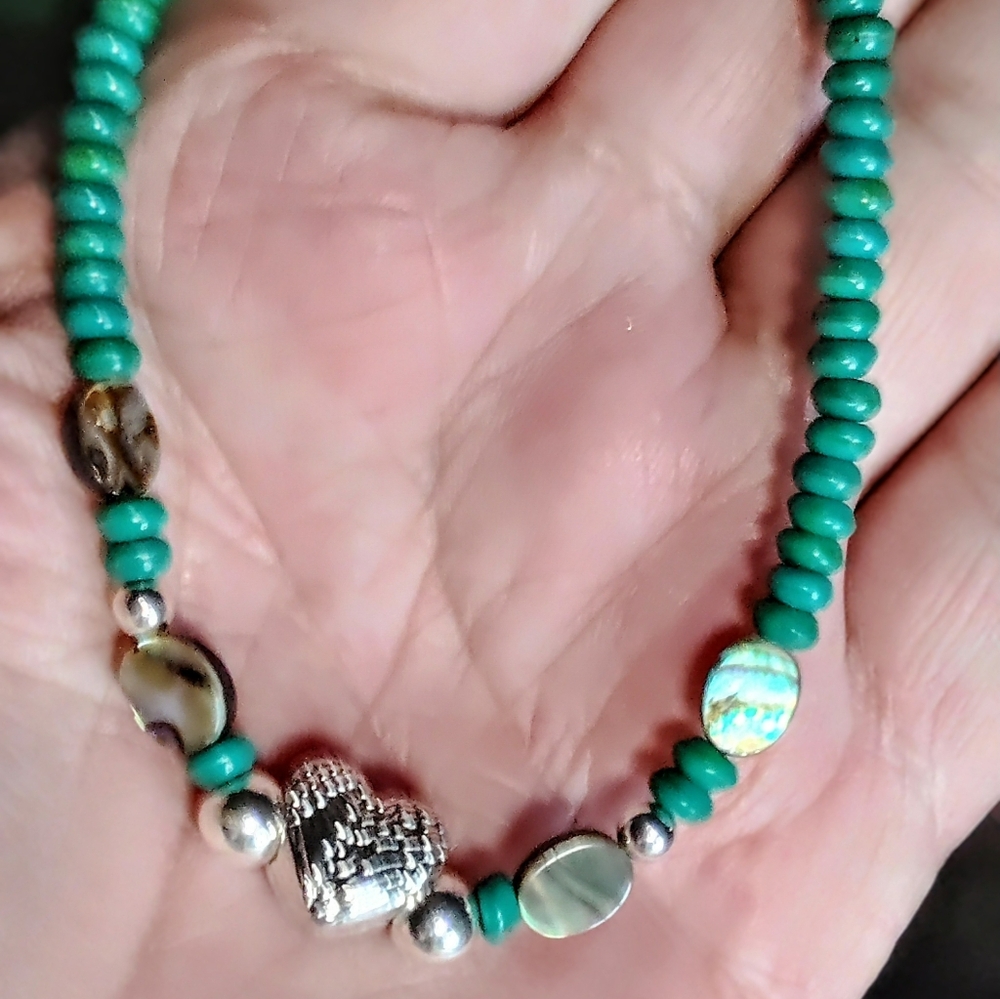 🛑 FINAL PRICE🛑 STERLINGBEADED CHRYSACOLA,  ABALONE, HEART BRACELET. 7.5-8" IN.
